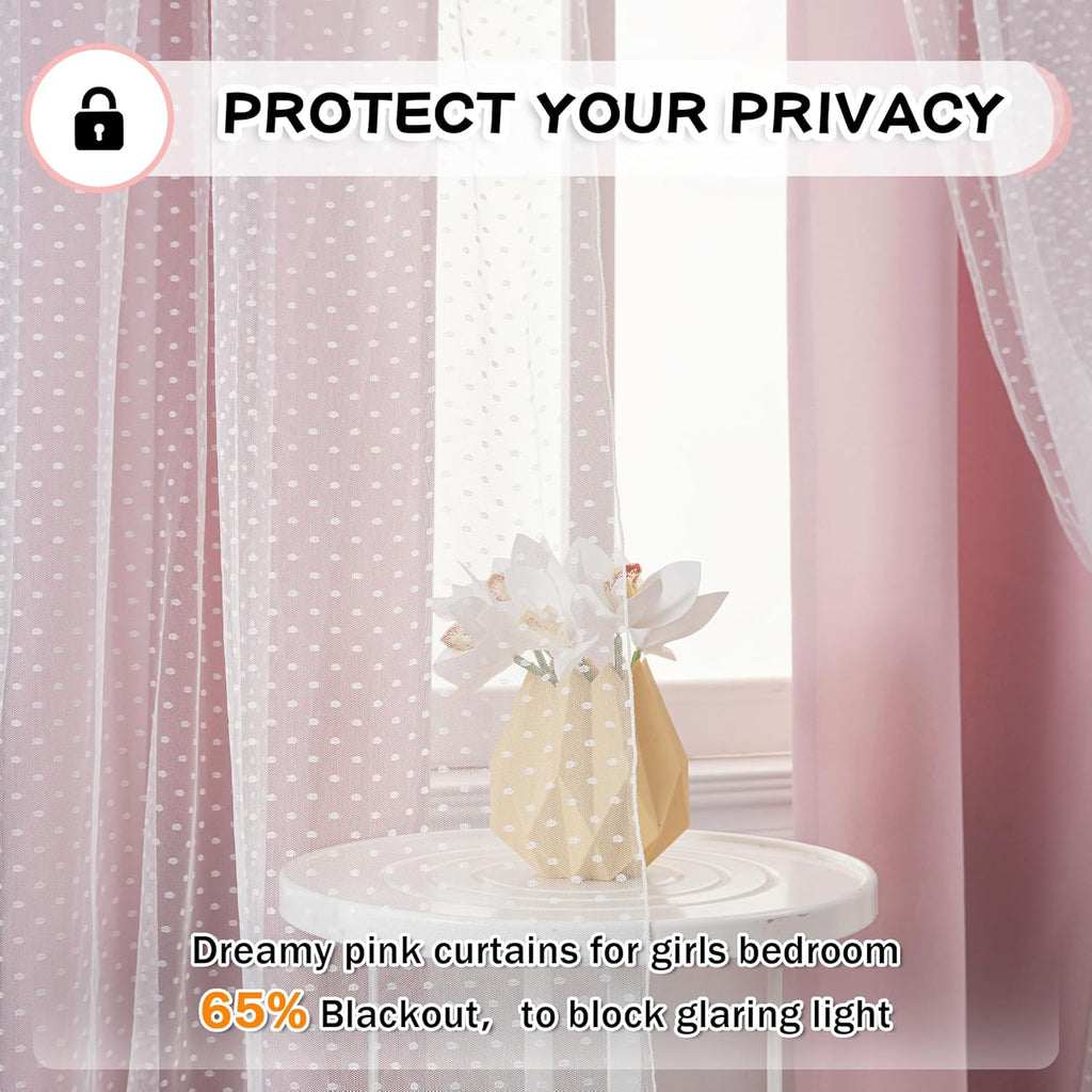 MYSKY HOME Pink Blackout Curtains - Double Layer Polka Dot Drapes for Girls' Bedroom | 52x84 Inch, 2 Panels