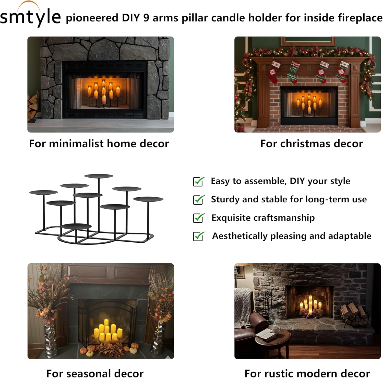 Smtyle Fireplace Candelabra - Modern Black Matte Multi-Tier Candle Holder | Geometric Design for Pillar Candles