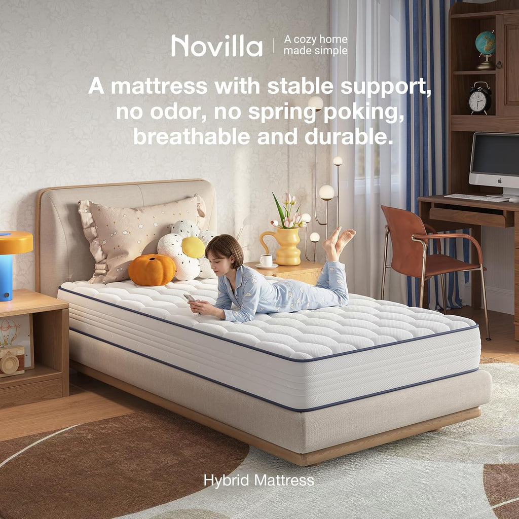Novilla 6 Inch Twin Mattress - Bonnell Spring Hybrid for Spine Support & Cooling Comfort | CertiPUR-US Certified