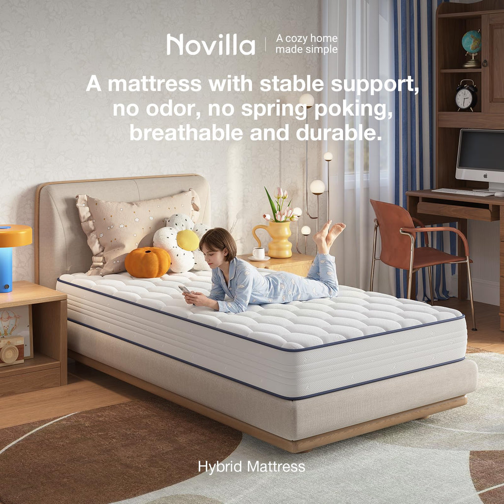 Novilla 6 Inch Twin Mattress,Bonnell Spring Hybrid Mattresses for Spine Support & Cooling Comfort - Twin Bed Mattress,Adaptive Foam Layer with Medium Firm- CertiPUR-US Certified for Youth/Guest Rooms