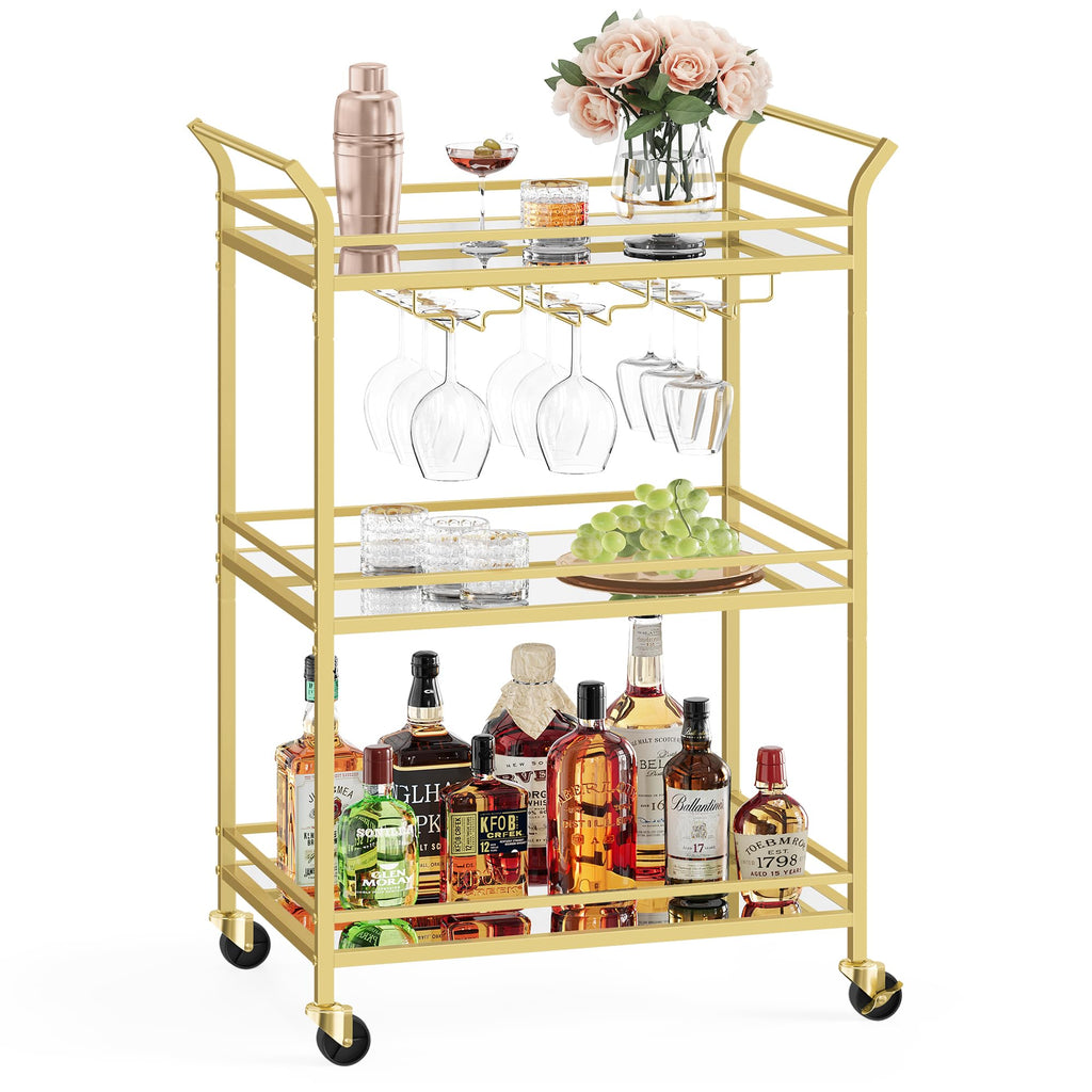 VASAGLE Bar Cart Gold, Small Home Bar Serving Cart with 3-Tier Mirrored Shelf, Wine Holders, Glass Holders, for Small Spaces, Kitchen, 15 x 23.6 x 36.2 Inches, Gold ULRC100A01