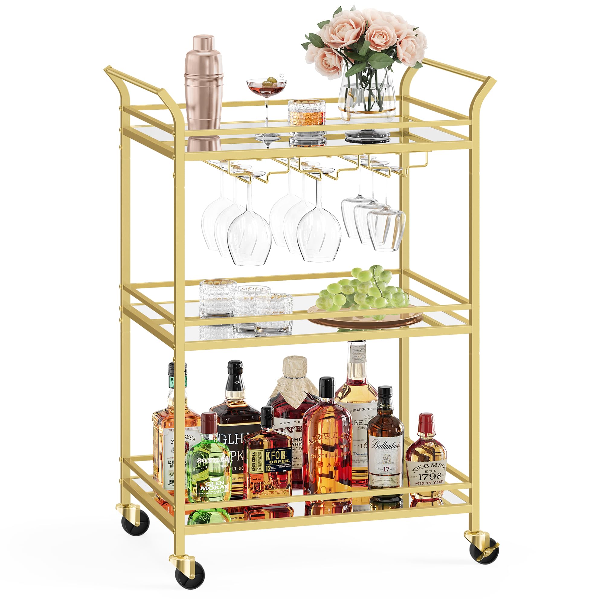 VASAGLE Bar Cart Gold, Small Home Bar Serving Cart with 3-Tier Mirrored Shelf, Wine Holders, Glass Holders, for Small Spaces, Kitchen, 15 x 23.6 x 36.2 Inches, Gold ULRC100A01