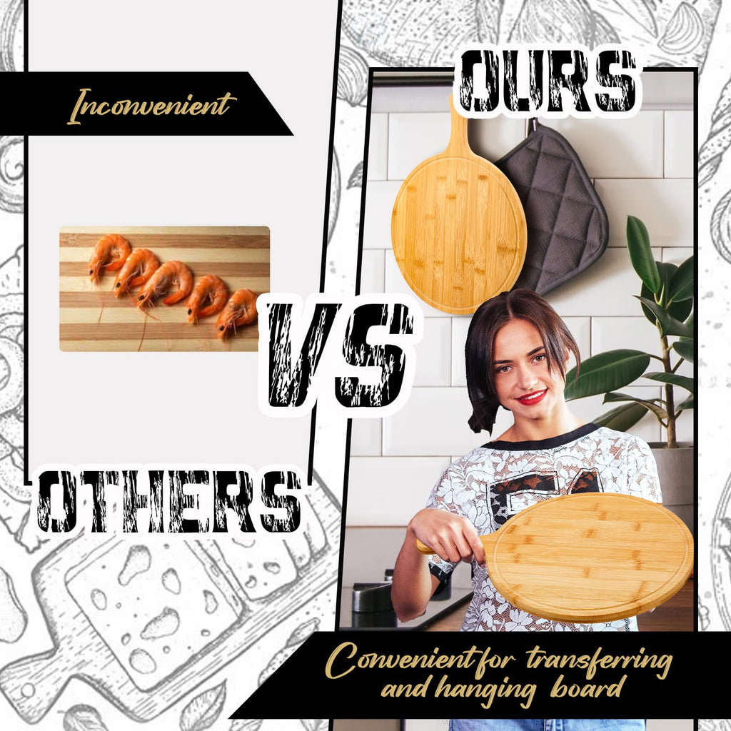 Nuenen 10 Pcs Round Wood Cutting Board with Handle Bamboo Wooden Serving Kitchen Chopping Boards for Pizza, Bread, Cheese, Charcuterie, Fruit, Vegetables(Bamboo)