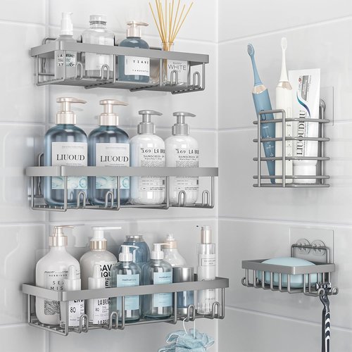 Liuoud Shower Caddy Organizer - Rustproof Stainless Steel Wall Storage Basket | Large Capacity, Grey - 5 Pack