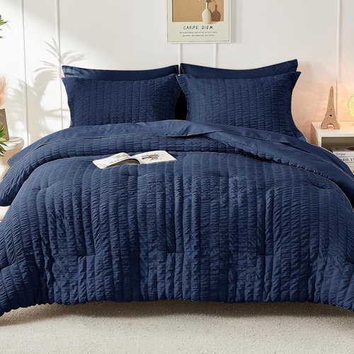HYMOKEGE Queen Comforter Set - Lightweight 3-Piece Bedding Set with Soft Down Alternative - Navy Blue