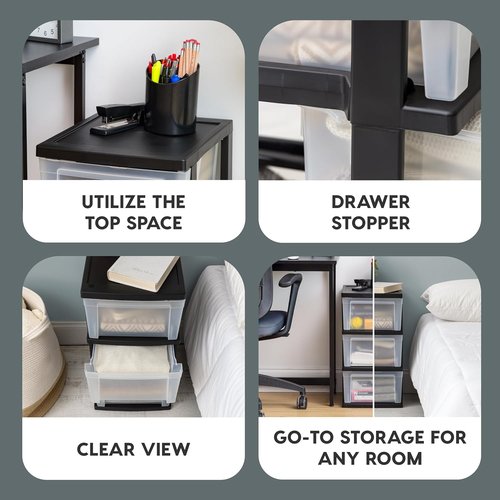 IRIS USA Plastic Drawer Organizer - 3-Drawer Storage Solution for Art Supplies | Black/Clear, 2-Pack
