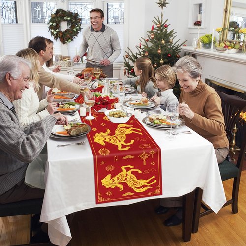 Gold Horse Printed Table Runner, 14 x 72 Inch Chinese New Year Dinner Table Runner for Festival Party Holiday Home Kitchen Dining Indoor Outdoor Decorations