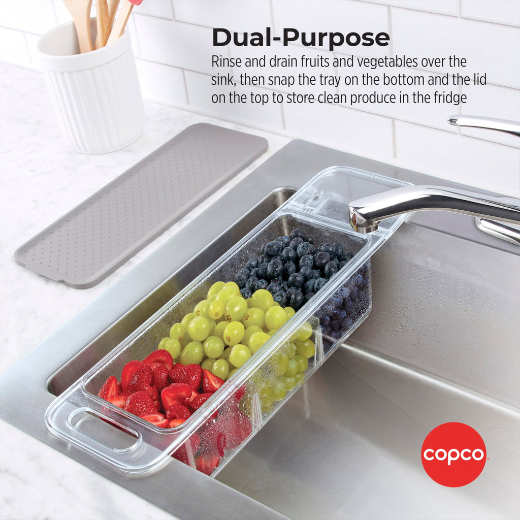 Copco Over the Sink Colander and Fridge Storage Bin with Folding Handle for Rinsing and Storing Fruits and Vegetables, Clear/Gray