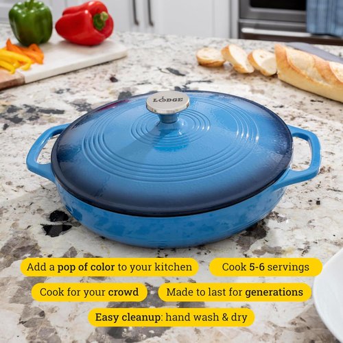 Lodge Essential Enamel Braiser - Induction-Safe & PFAS-Free Cookware - 3.5 Quart, Caribbean Blue | Oven-Safe Up to 500°F