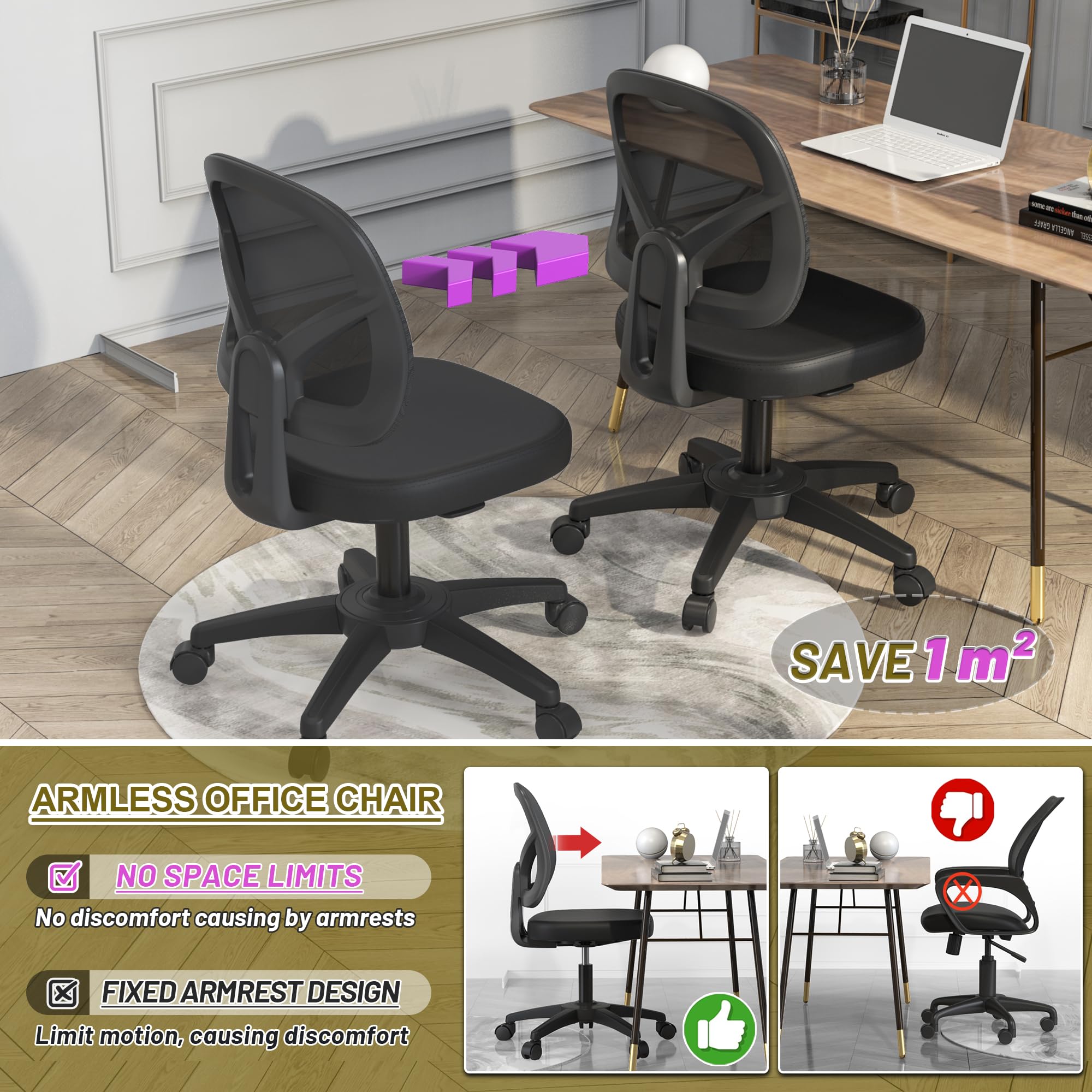 Swivel Armless Office Desk Chair No Arms with Back Support Rolling Wheels for Small Spaces Adult