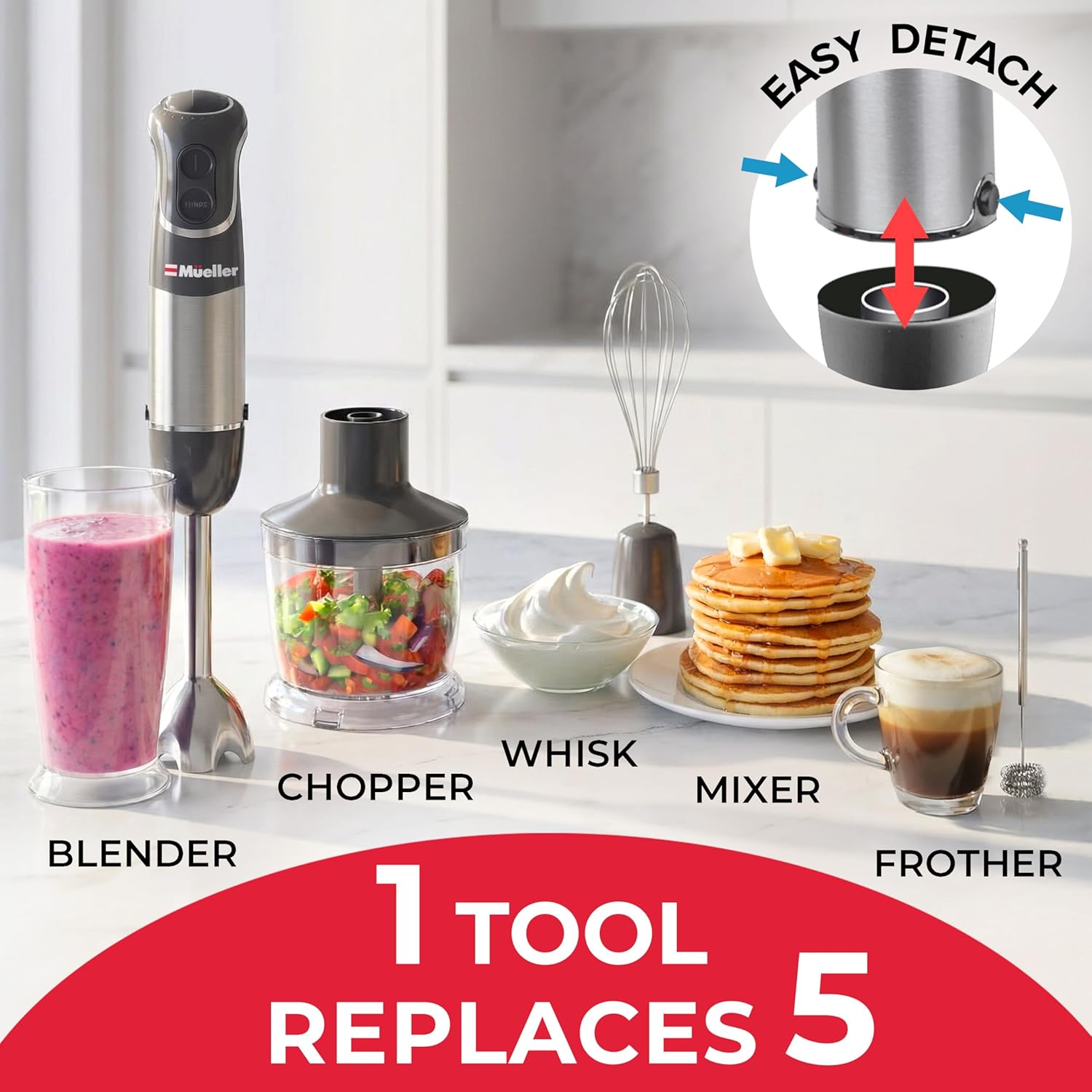 Mueller Multistick 5-in-1 Immersion Blender - 12-Speed Hand Mixer with Turbo Boost & Titanium Blades - Grey