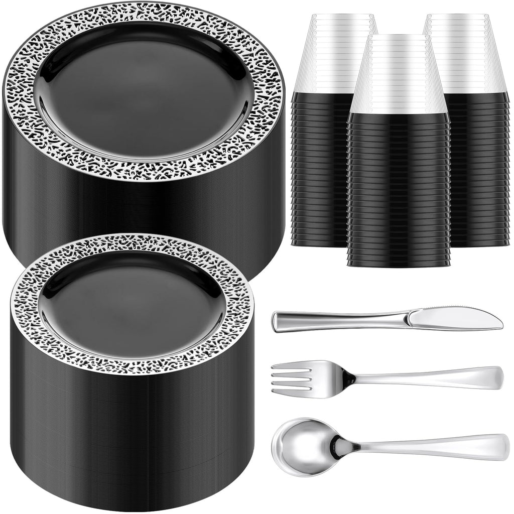 Norme 300 Pieces Disposable Plastic Dinnerware Set, 100 Plastic Plates, 150 Knives, Forks and Spoons with 50 Rimmed Cups for 50 Guests Wedding Party Supplies(Black Silver)