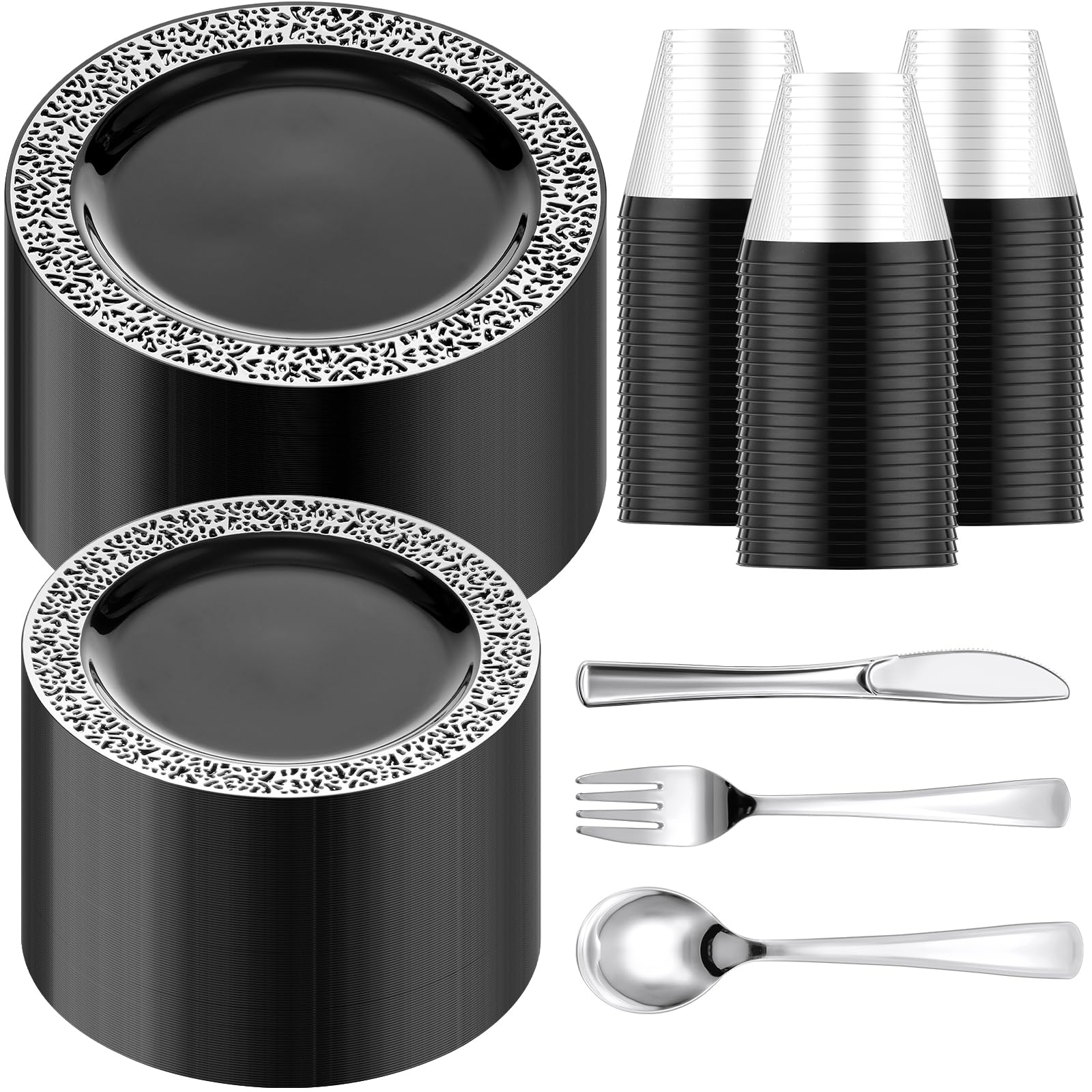 Norme 300 Pieces Disposable Plastic Dinnerware Set, 100 Plastic Plates, 150 Knives, Forks and Spoons with 50 Rimmed Cups for 50 Guests Wedding Party Supplies(Black Silver)