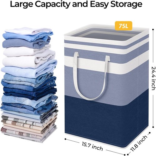 HomeHacks Large Waterproof Laundry Basket - Collapsible Tall Hamper with Extended Handles | 75L, Blue