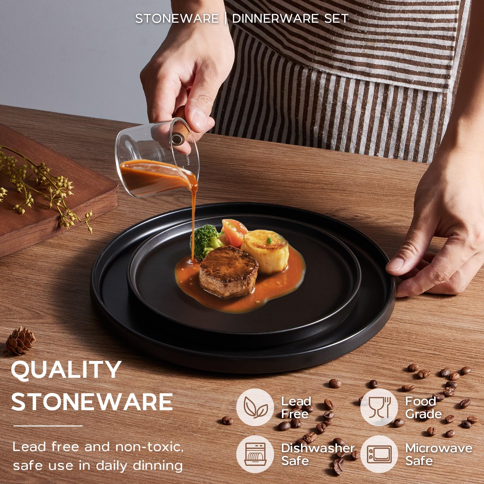 Onader 16 Piece Dinnerware Sets with Serving Bowls for 4, Stoneware Plates and Bowls Dish Sets, Ceramic Dinner Ware Dishware for Kitchen Dining, Chip & Scratch Resistant - Ebony Black