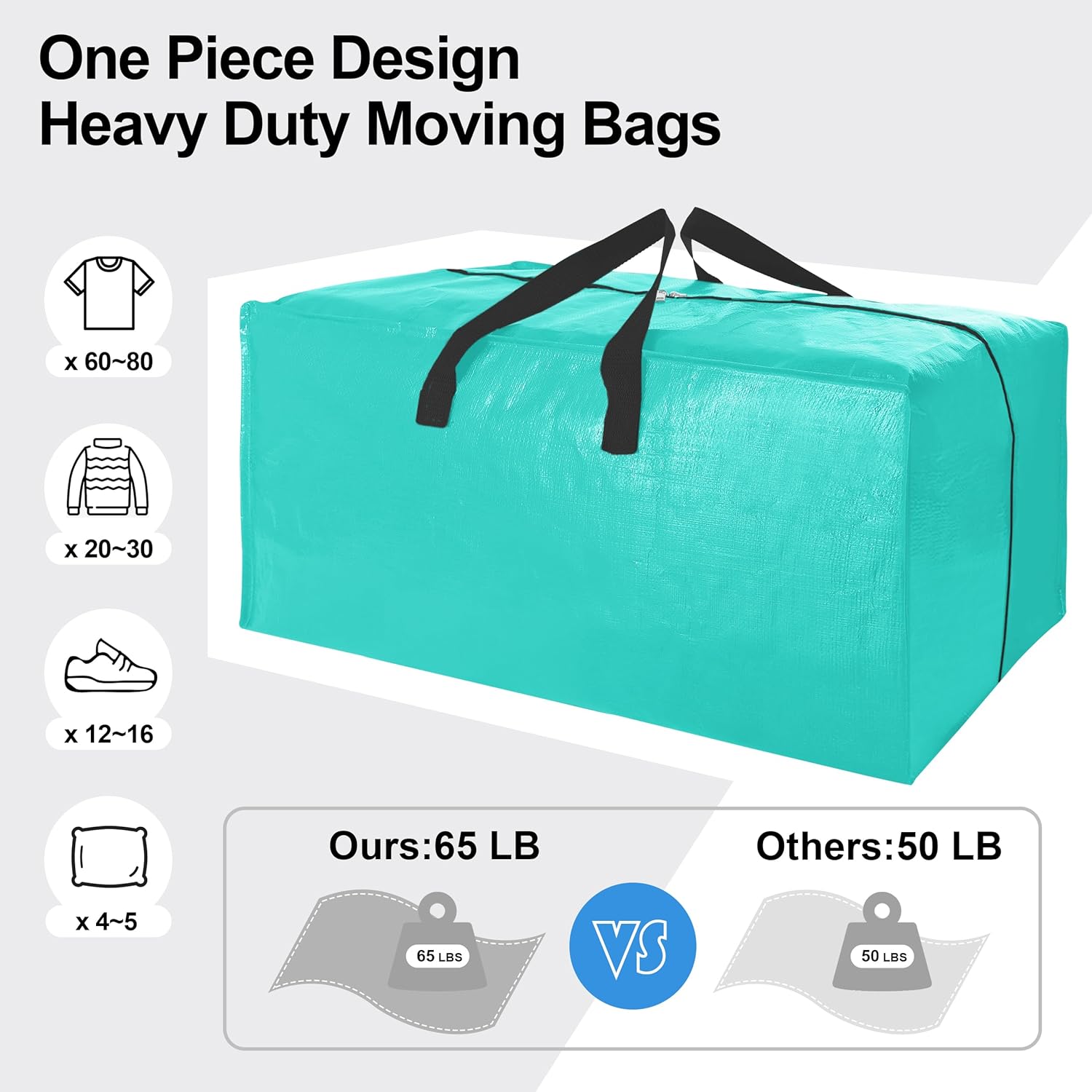 VELVETSURE Heavy Duty Large Moving Bags - 6 Pack with Backpack Straps & Strong Handles, Aquamarine