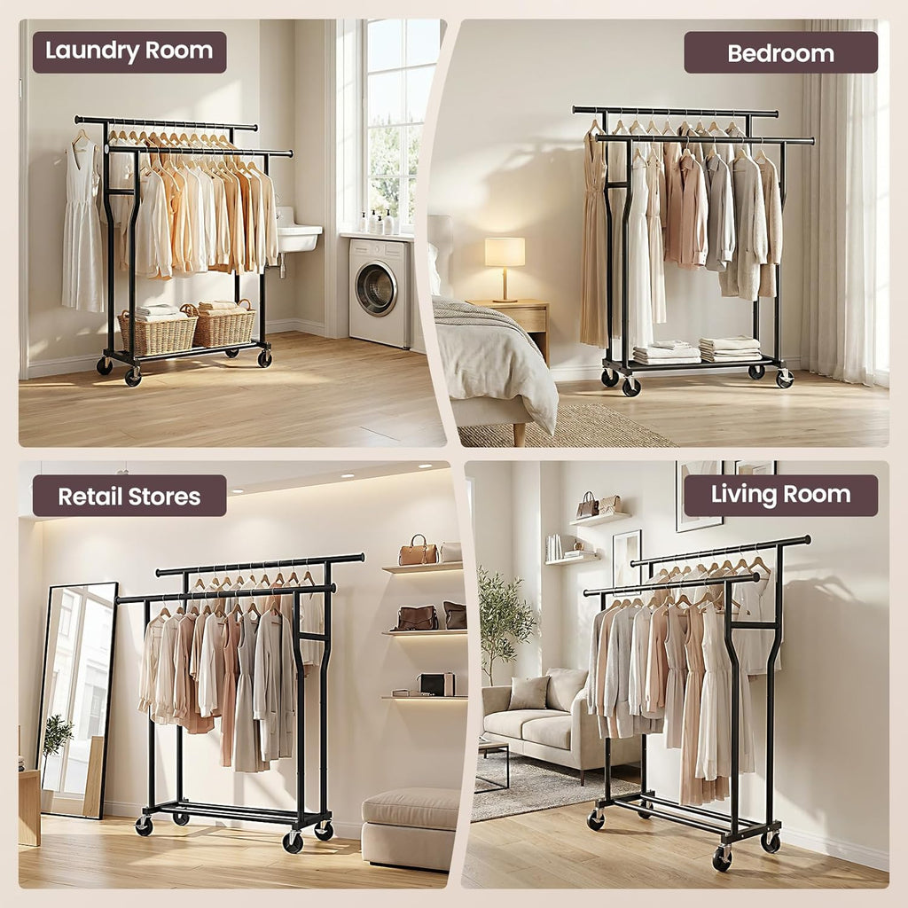 Skiennix Double Rod Rolling Clothes Rack - Heavy-Duty Metal Garment Rack with Wheels, Black