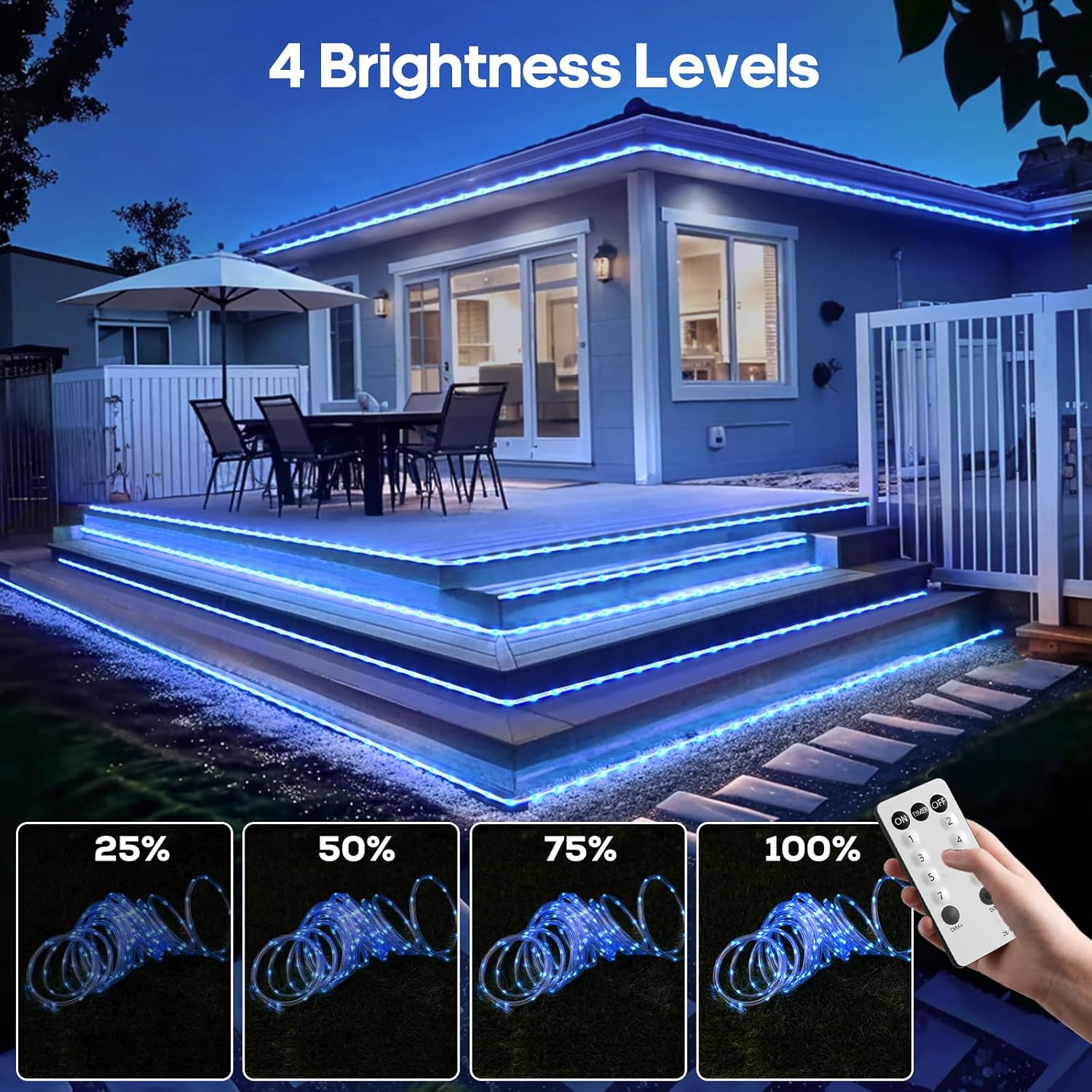 720 LED Outdoor Rope Lights by [Brand Name] - Waterproof with Remote, 8 Modes & 4 Brightness Levels | 100Ft Blue for Garden, Patio & Party