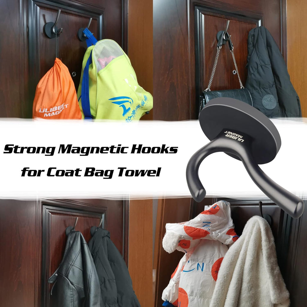 ULIBERMAGNET Heavy Duty Magnetic Double Hooks - Sturdy Rubber Coated Hooks for Coats, Towels & Keys (Black)
