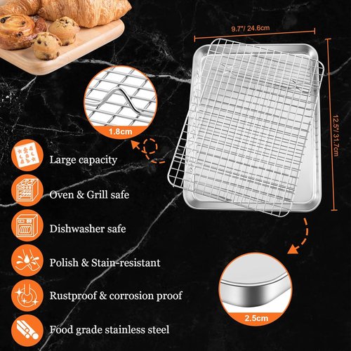 Leonyo Quarter Sheet Pan Set - Nonstick Baking Tray with Cooling Rack | 12.5"x9.7", 2 Trays & Racks