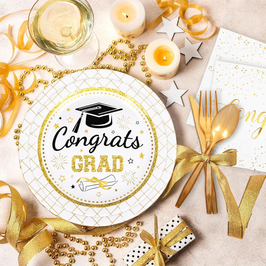 Whaline Graduation Party Supplies Set - 175 Pcs Disposable Tableware for 25 Guests | Gold Congrats Grad Plates, Napkins & Cutlery