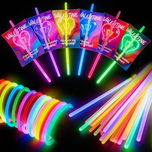 50 Glow Sticks with 24 Valentines Day Card, Glow in The Dark Neon Party Favors for Classroom Exchange, School Prizes, Kids Valentines Day Gifts Party Supplies Glow Stick Bracelets and Necklaces