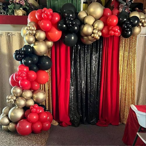 PTGOLUO 153Pcs Red and Black Gold Balloons Garland Arch Kit - 18 12 10 5 inch Different Size Black and Red Metallic Gold Balloons for Casino Anniversary Night Hollywood Movie Night Party Decorations