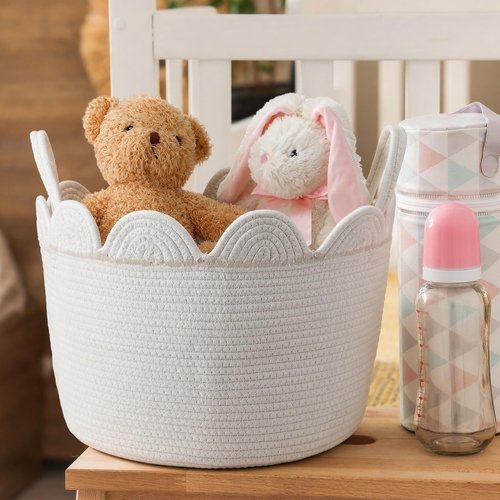 LemonRoad White Rope Basket Scalloped Woven Baskets 15.8"L x 15.8"w X13.8"h Cotton Storage Round Basket for Nursery Classroom Closet Blankets Storage Home Decor