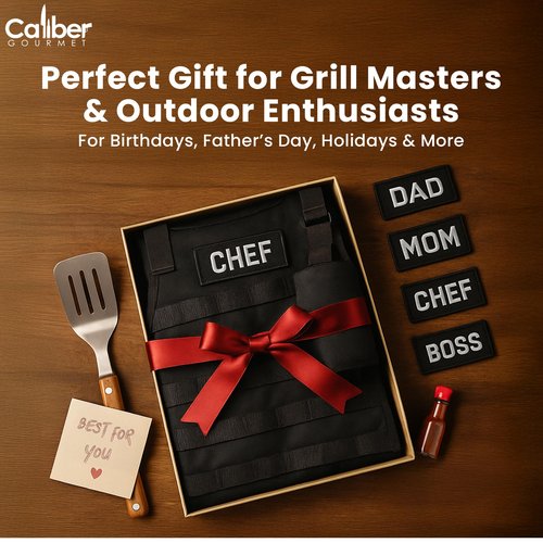 Caliber Gourmet Tactical Molle Utility Apron - Adjustable BBQ Apron with Ketchup Dispensers Set, Bottle Opener, Pockets, Reusable Carabiner, Great for Gardening, Garage, & Outdoor Activities