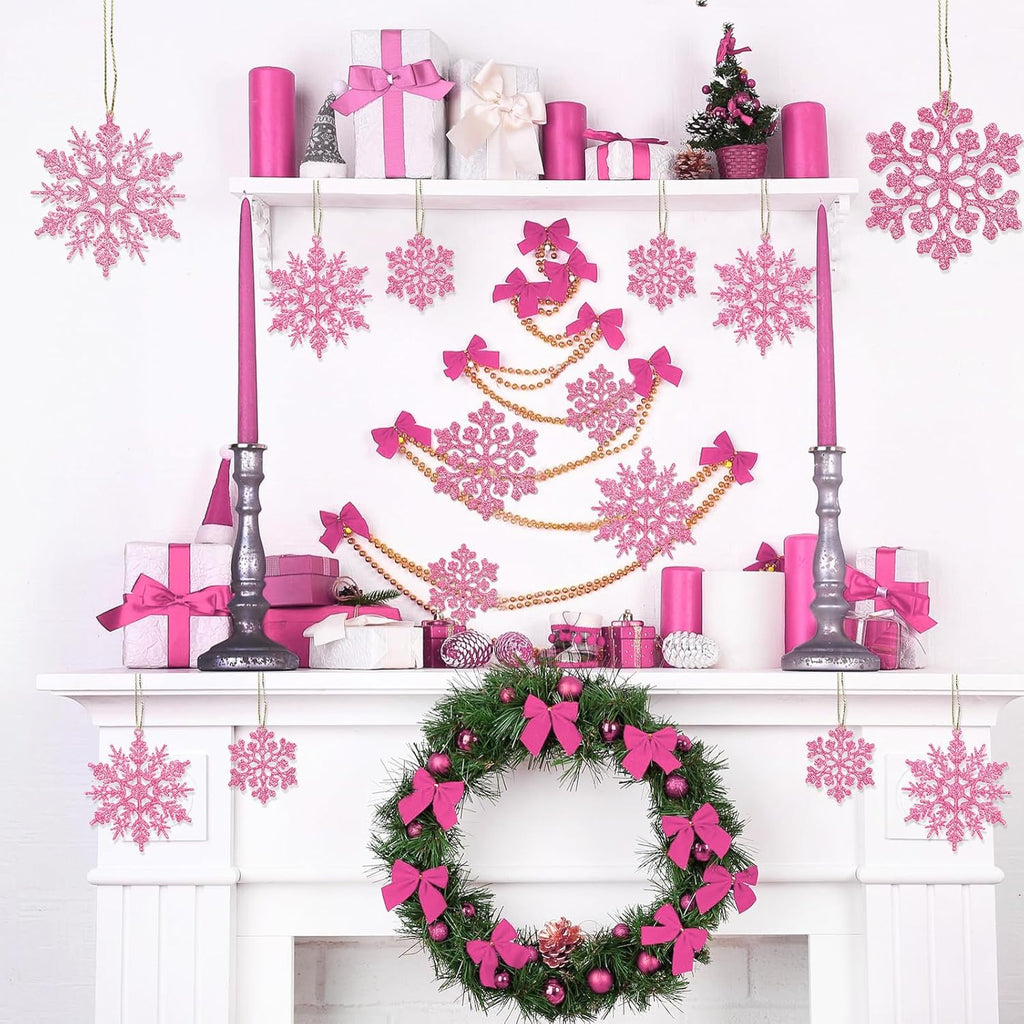 Skiennix 36-Piece Christmas Light Pink Snowflake Ornaments - Glittery Plastic Decorations for Winter Trees