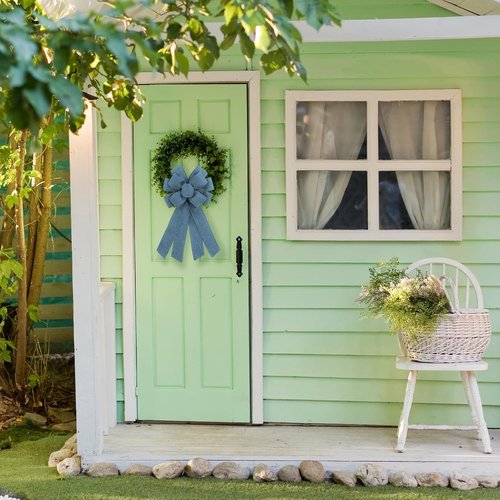 Blue Burlap Wreath Bow - 20 x 11 Inches | Easter Decor & Farmhouse Style Front Door Ornament