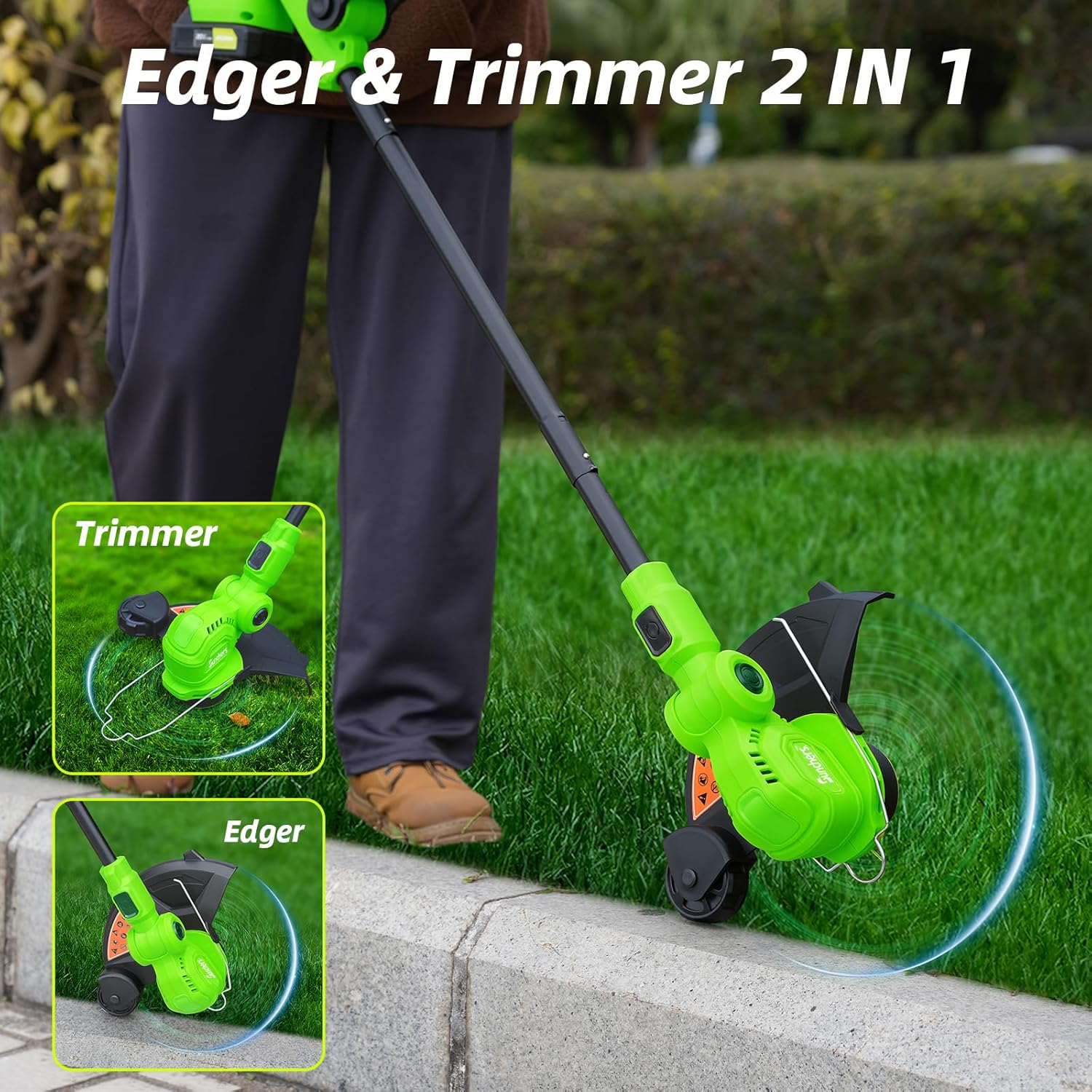 SUNCHERS 12-Inch 20V Cordless String Trimmer - 2-in-1 Lawn Edger with Auto Line Feed & Batteries | Green