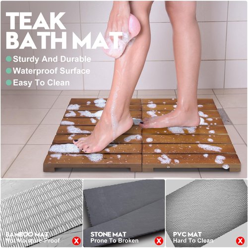 Teak Shower Mat - Foldable Wood Bath Mat, Floor Mat for Bathtub, Door, Spa, Sauna, Pool, Ideal for Indoor Outdoor