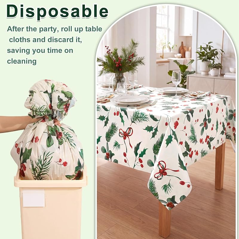 Green Christmas 3 Pack Disposable Tablecloths 54 x 108 in - Holly Berry Pattern