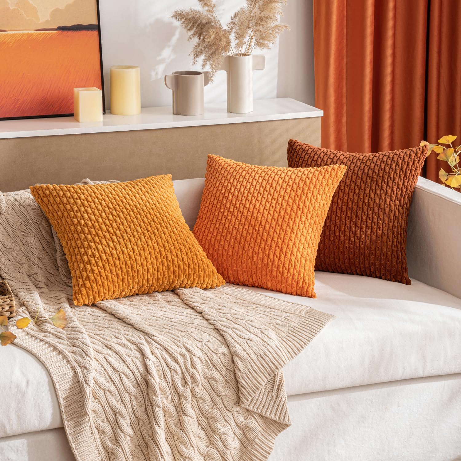 MIULEE Throw Pillow Covers - Soft Corduroy Boho Striped Decorative Pillowcases | Set of 2, 18x18 Inch, Rust
