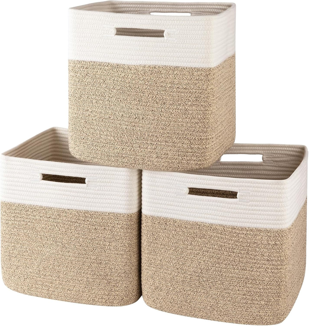 OIAHOMY 13-Inch Cube Storage Bins - 3-Pack Cotton Rope Baskets for Organizing | Brown & White