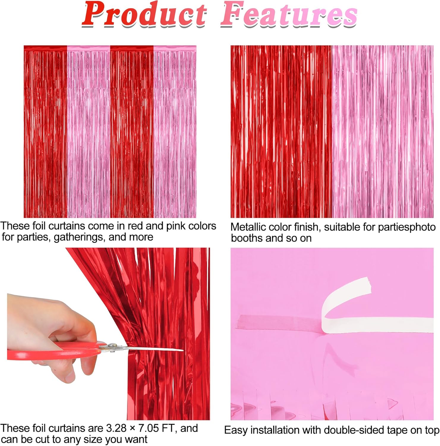 Regine Switzerland Red Pink Backdrop Curtains - 2 Pack Metallic Fringe Tinsel Decor | 3.28' x 7.05'