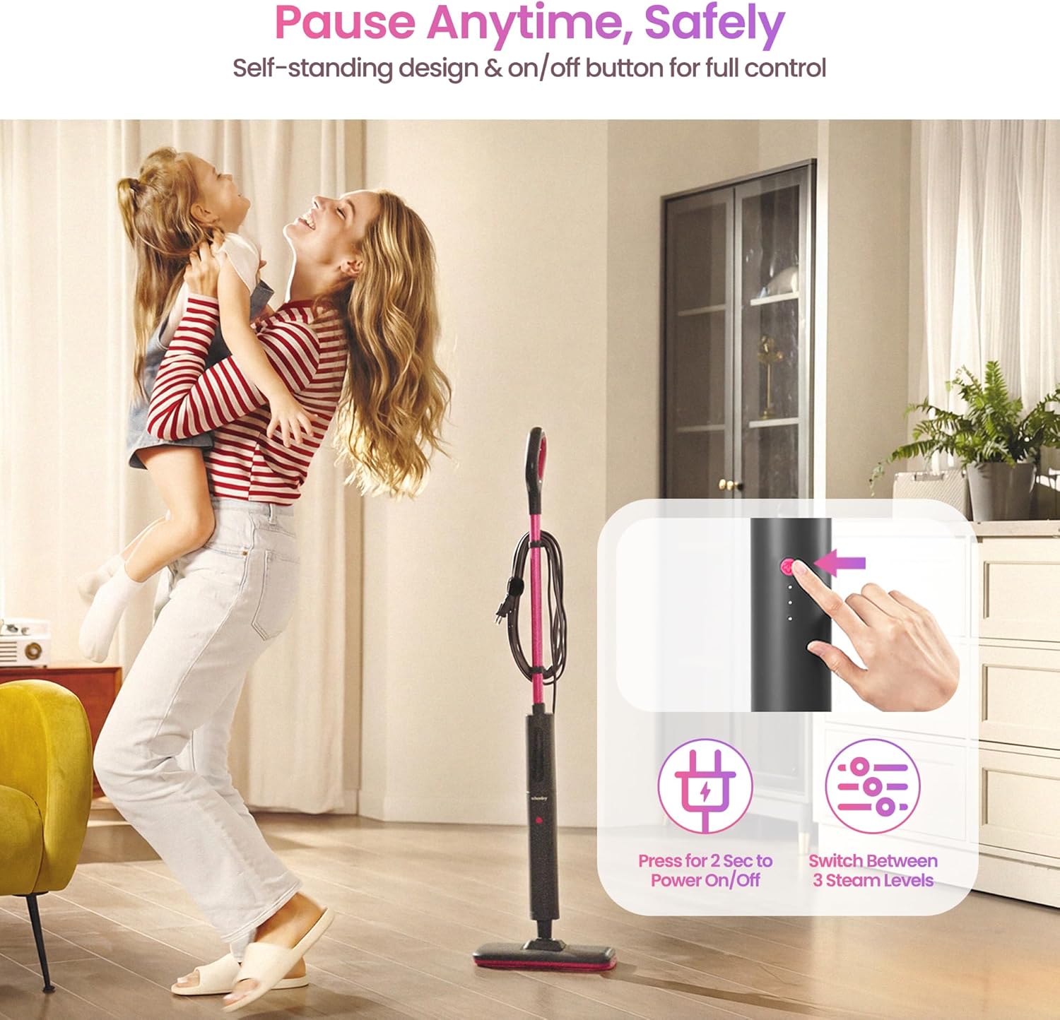 Schenley Steam Mop Cleaner - Powerful 15s Fast Heat-Up, Chemical-Free for Hardwood & Tile Floors | Lightweight & Self-Standing Design