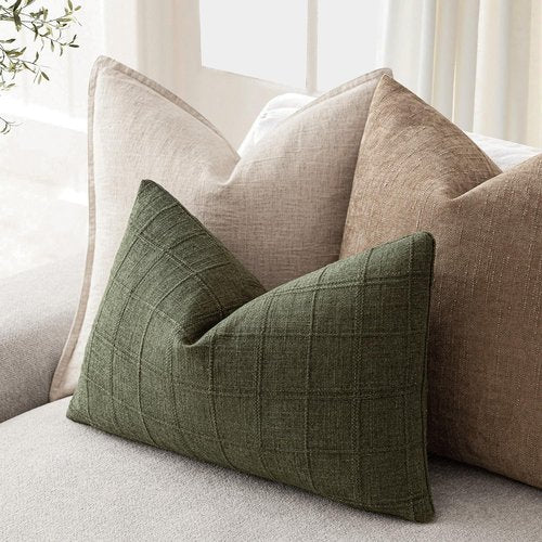 Foindtower Set of 1 Decorative Linen Check Throw Pillow Cover Neutral Farmhouse Lumbar Cushion Cover Modern Boho Home Decor for Sofa Chair Couch Bedroom Living Room,12×20 Inch,Olive Green