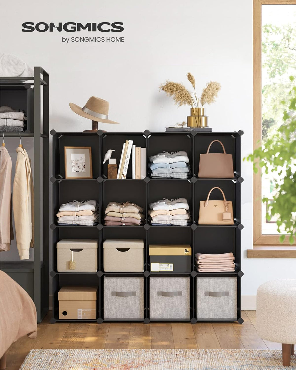 SONGMICS Cube Storage Organizer - Set of 16 Plastic Cubes for Room Organization | Black, 12.2 x 48.4 x 48.4 Inches