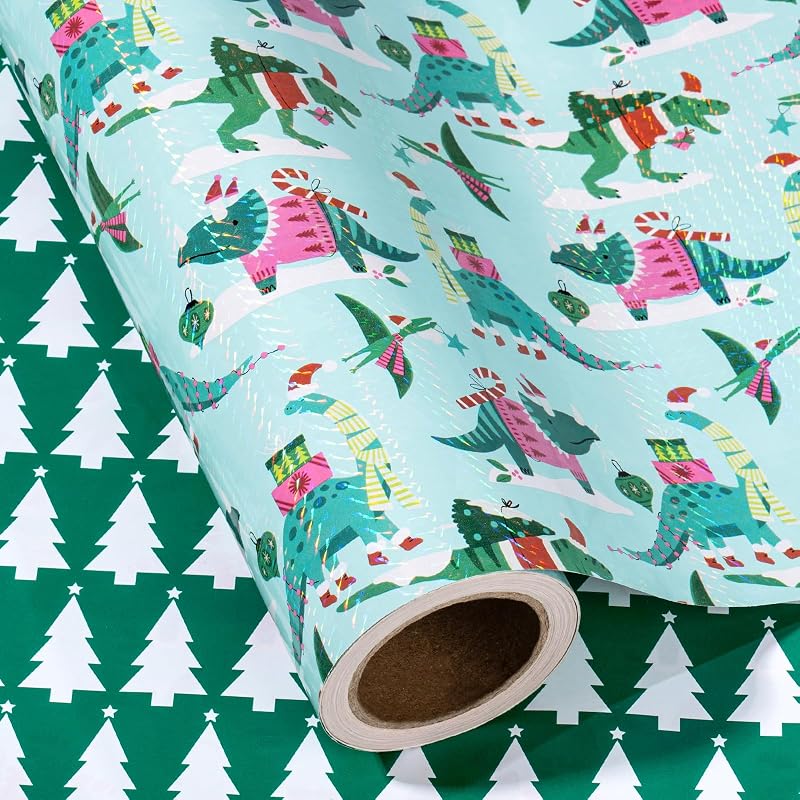 Reversible Christmas Dinosaur Wrapping Paper Roll - 17in x 16.4ft, Blue/Green with Dino & Tree Design (Variation: Christmas Dinosaur & Plaid+17 in x 16.4 ft)