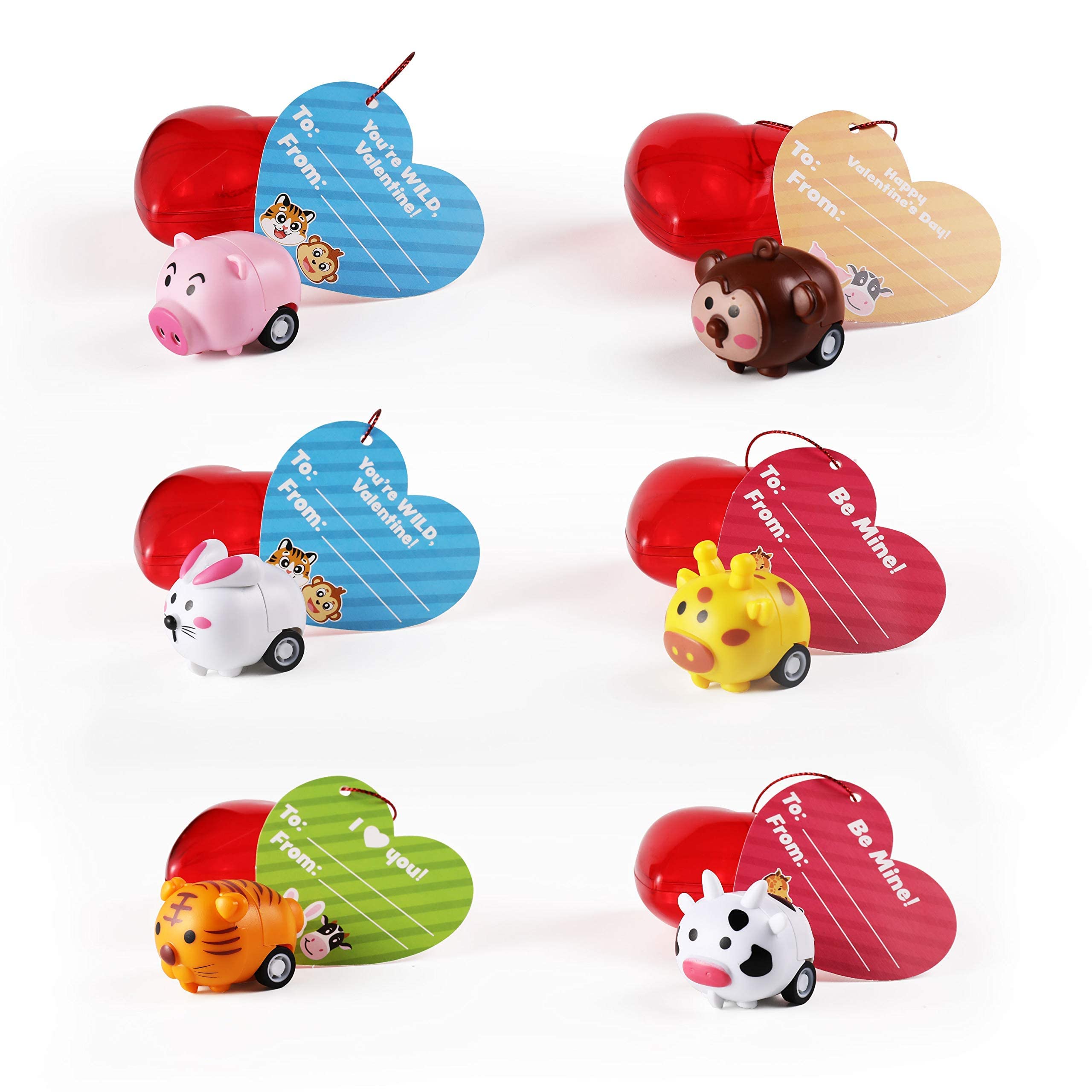 JOYIN 28 Pack Valentine Day Animals Pull Back Vehicles for Kids with Gift Cards and Filled Hearts, Go Car Toy Sets for Toddlers Kids Valentine School Classroom Exchange