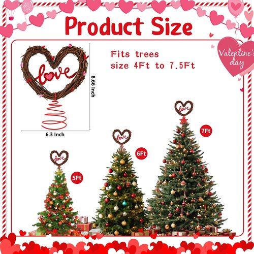 Valentine Tree Topper Heart Tree Topper Rustic Rattan Treetop Valentines Love Heart Wreath Decor for Valentines Wedding Holiday Party Wall Home Front Door Trees Ornament Decor