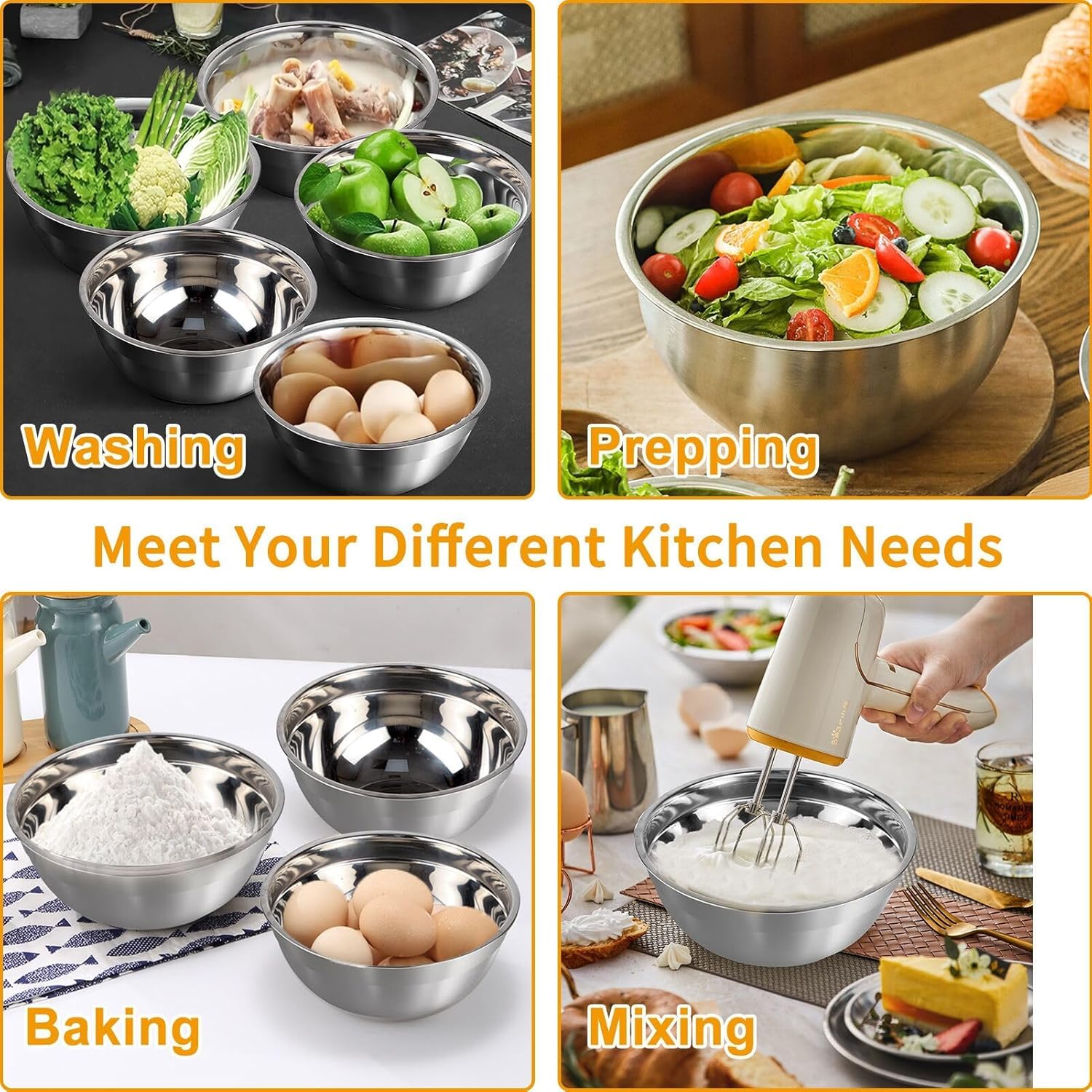 WEPSEN Mixing Bowls Set - 25PCS Stainless Steel Nesting Bowls with Lids & Measuring Tools for Baking and Cooking