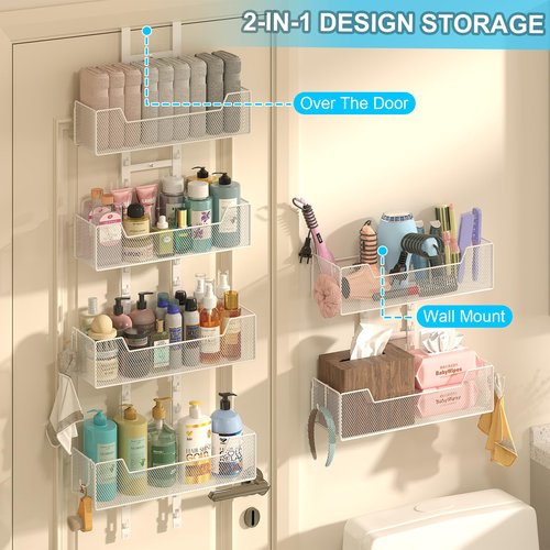 Hongtamoya Over The Door Organizer, Metal Hanging Door Organizer with 6 Adjustable Baskets and 5 Hooks, Behind The Door Storage for Closet Pantry Cabinet Kitchen Bathroom Bedroom, White