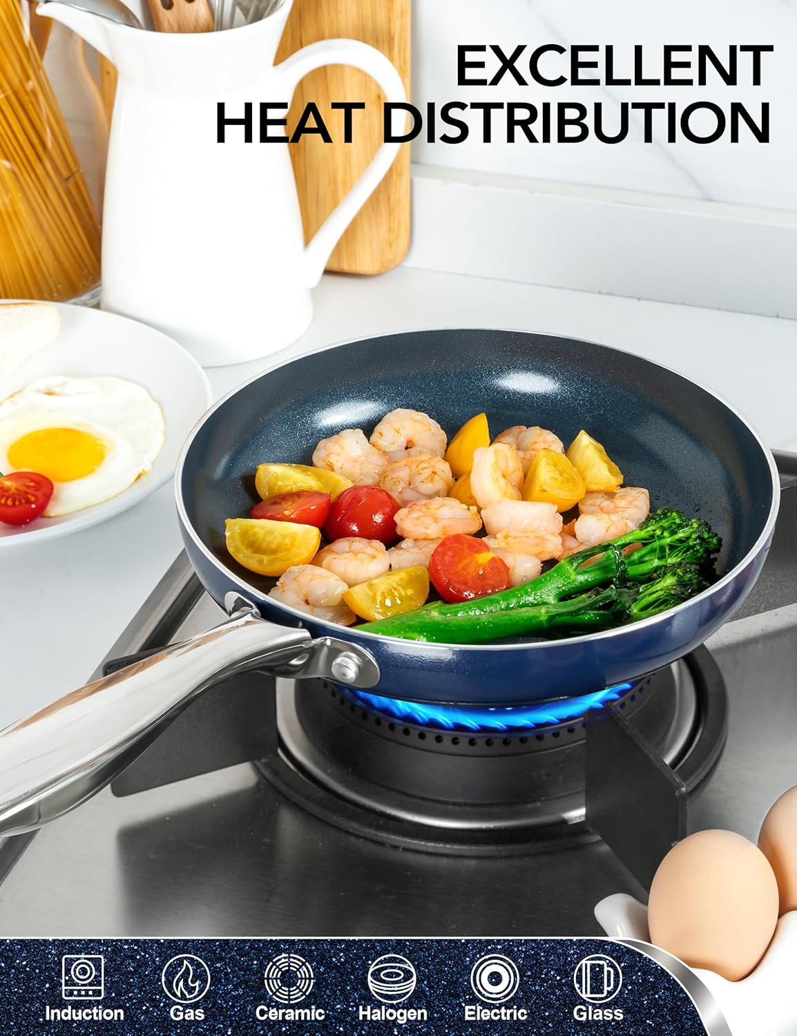 MICHELANGELO 8-Inch Nonstick Frying Pan - Non-Toxic Omelette Pan with Lid & Stainless Handle | Blue-Ceramic