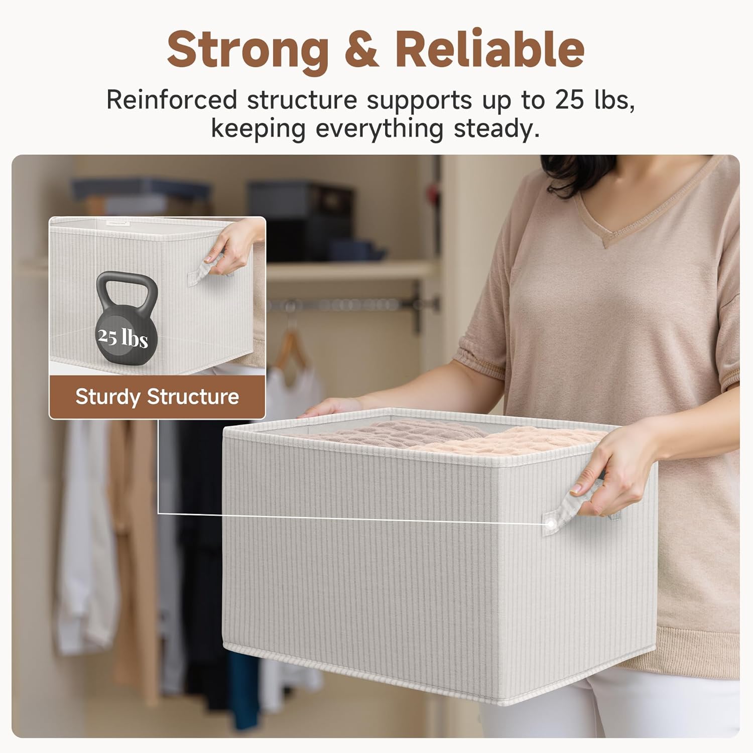 StorageWorks Foldable Shelf Organizer Bins - Extra Large Beige Striped Closet Storage Baskets | 3-Pack for Efficient Organization