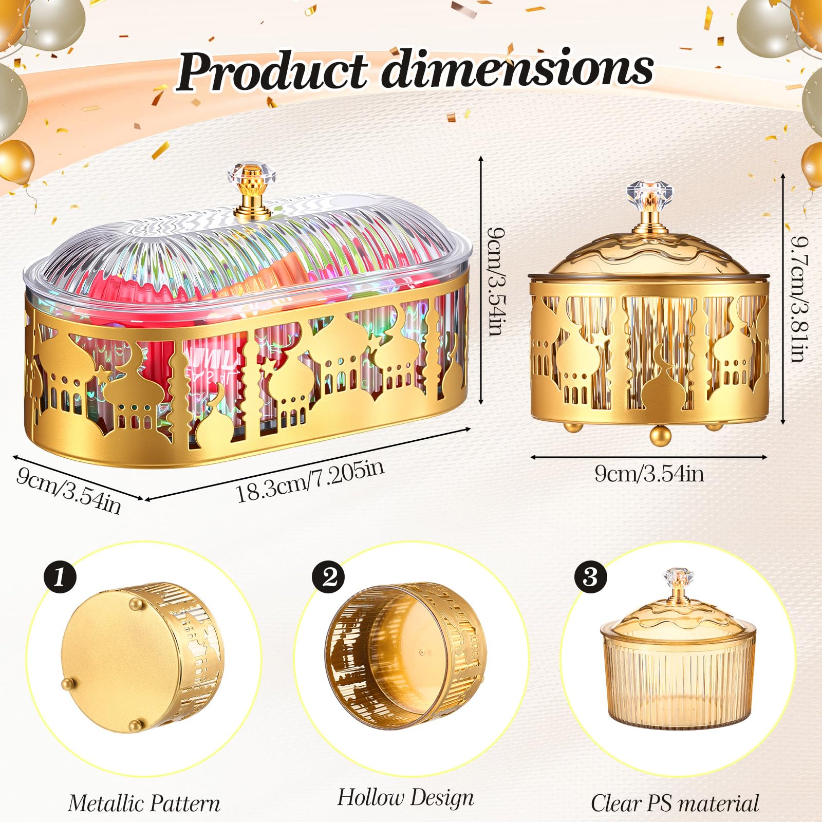 Otoolling 4 Pcs Ramadan Trays with Lid Gold Eid Mubarak Tray Plates Ramadan Moon Candy Dish Table Decorations Food Serving Tray Islam Muslim Al-fitr Cookie Storage Container for Eid Party Supplies