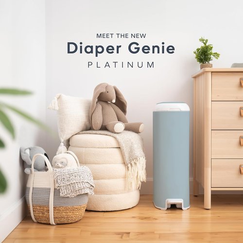 Diaper Genie Platinum Pail - Durable Stainless Steel | Glacial Blue with 1 Easy Roll Refill & 18 Bags