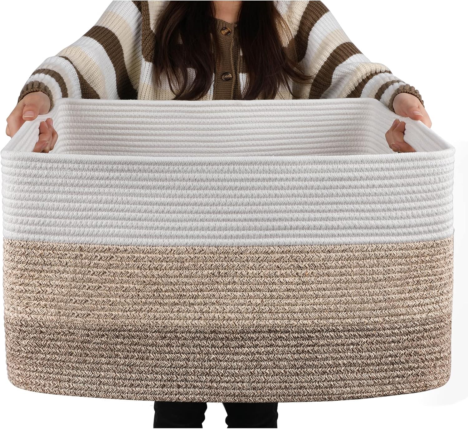 OIAHOMY Large Woven Blanket Basket - 22”x17”x12” Rectangle Storage for Nursery & Living Room | Gradient Yellow